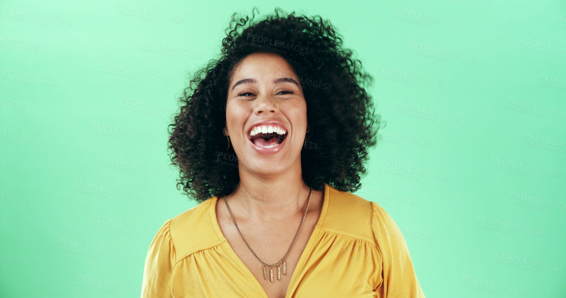Buy stock photo Studio, comic and happy woman laugh for humor, joke and excited isolated on green background. Portrait, comedy and funny female model with crazy emotion, goofy and LOL for good mood with space