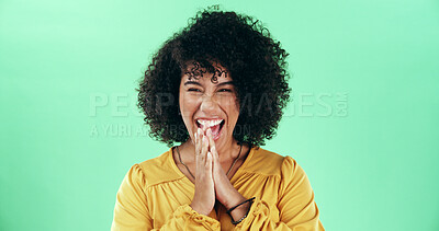 Buy stock photo Portrait, happy woman and clapping to celebrate winning, goal achievement and victory. Success, excited and applause for praise, good news and congratulations on green studio background with space