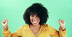 Dance, portrait and smile with black woman on green screen for celebration, excitement or party. Energy, movement and music with happy African person in studio for expression, freedom or passion