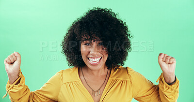 Buy stock photo Dance, portrait and smile with black woman on green screen for celebration, excitement or party. Energy, movement and music with happy African person in studio for expression, freedom or passion