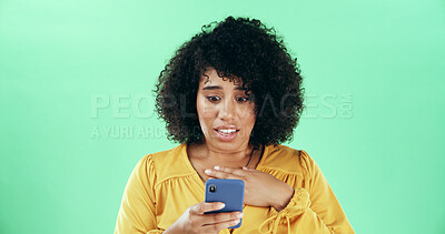 Buy stock photo Woman, phone and surprised with bad news in studio with disbelief, online gossip and announcement. Mockup space, girl and reading mobile notification with internet drama and shock on green background