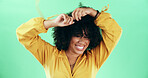 Dance, energy and smile with black woman on green screen for celebration, excitement or party. Movement, music and rhythm with happy African person in studio for expression, freedom or passion