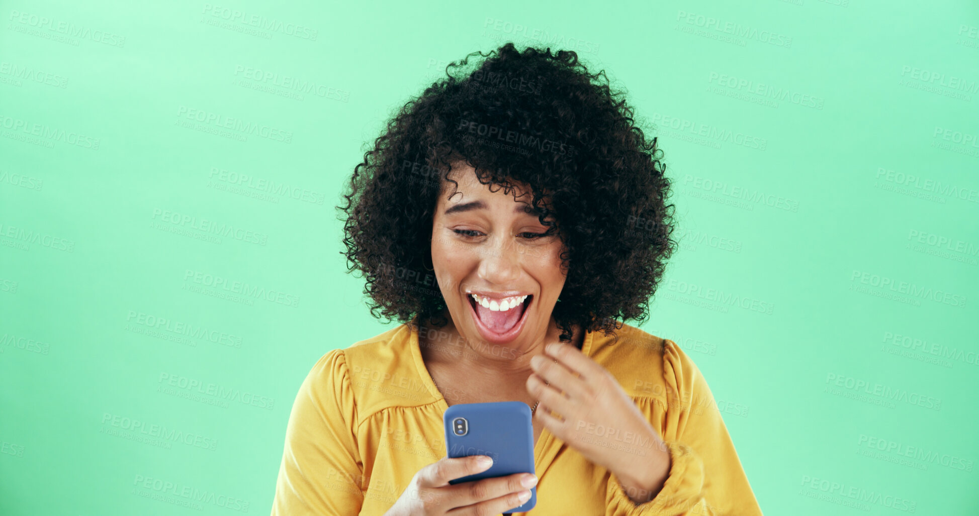 Buy stock photo Green screen, woman and winner with smartphone for surprise, breaking news or online sales discount. Mockup, African person or shock with mobile application for reading, offer notification or excited