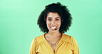 Green background, businesswoman and portrait with headset for call center, talking and crm support. Mockup space, African person and consultant with career for customer service, faq help and studio