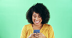 Green background, woman and excited with smartphone for surprise, breaking news and online discount. Mockup, African person and shock with mobile for reading, offer notification and winner in studio