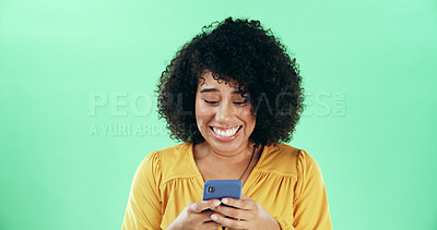 Buy stock photo Green background, woman and excited with smartphone for surprise, breaking news and online discount. Mockup, African person and shock with mobile for reading, offer notification and winner in studio
