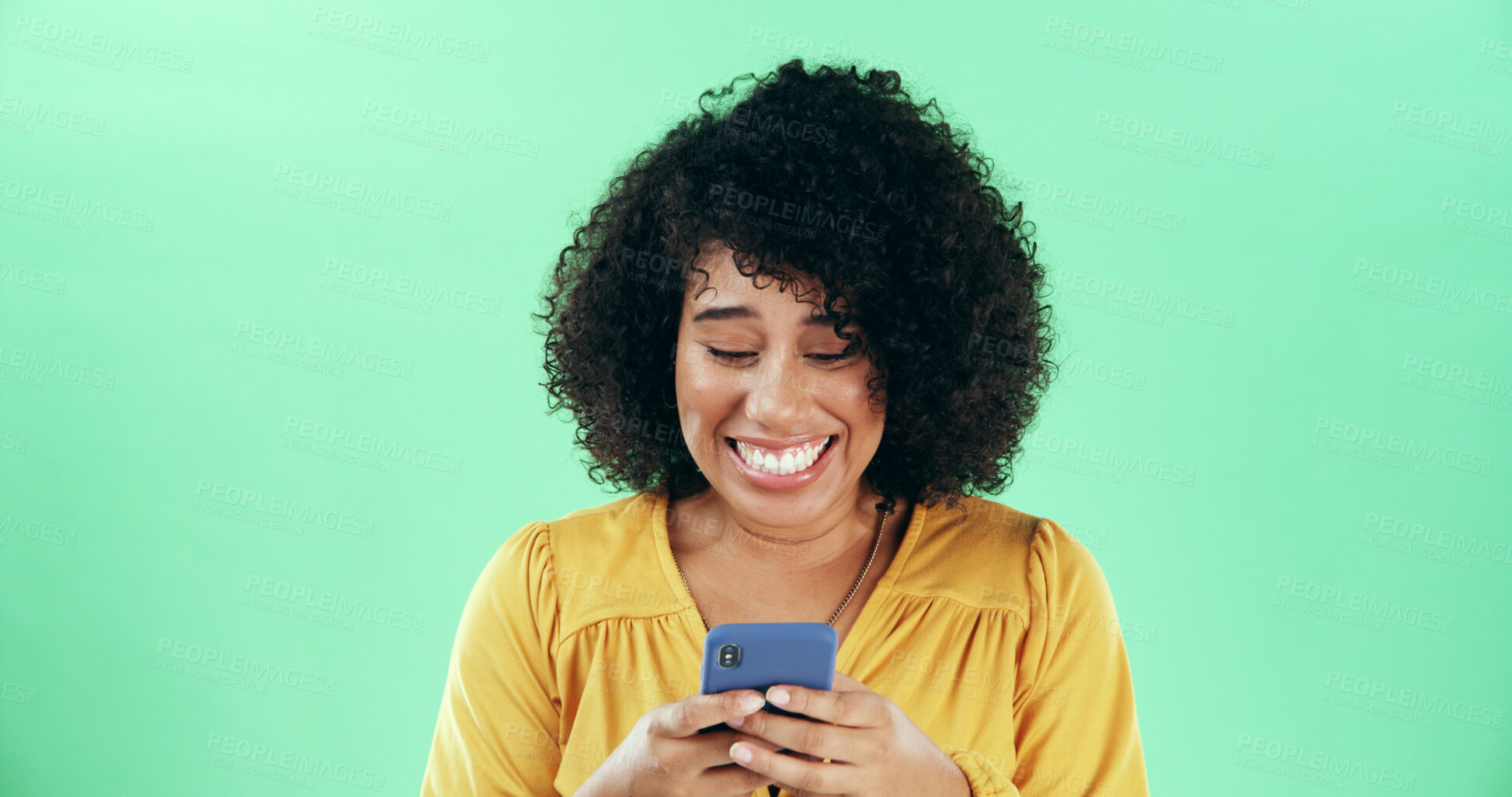Buy stock photo Green background, woman and excited with smartphone for surprise, breaking news and online discount. Mockup, African person and shock with mobile for reading, offer notification and winner in studio
