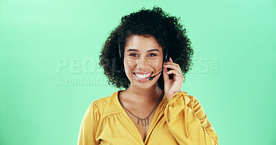 Buy stock photo Green background, happy woman and portrait with headset for talking, call center and CRM support. Mockup, African person and business consultant with smile for customer service, FAQ help and studio