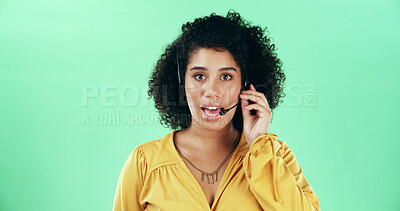 Buy stock photo Green background, businesswoman and portrait with headset for customer service talking and faq help. Mockup space, African person and consultant with feedback for call center, crm support and studio