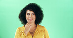 Thinking, unsure and woman in studio for decision, ideas or planning for university education. Brainstorming, remember and student with doubt for college choice by green background with mockup space.