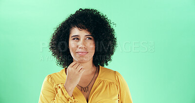 Buy stock photo Thinking, unsure and woman in studio for decision, ideas or planning for university education. Brainstorming, remember and student with doubt for college choice by green background with mockup space.