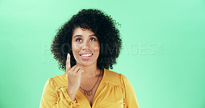 Buy stock photo Thinking, pointing and woman in studio with choice, decision or ideas for education career. Happy, mockup space and female teacher with planning for lesson with problem solving by green background.