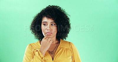 Buy stock photo Thinking, ideas and woman in studio for decision, planning or brainstorming for education lesson. Solution, question and female teacher with choice for career by green background with mockup space.