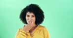 Happy woman, portrait and fashion with afro on green background for style or flirt on space. Face, female person or model with shy expression, rumor or secret for clothing, design or outfit on mockup