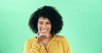 Portrait, blow kiss and woman in studio, winking and confident personality on green background. Face, happy person and model with hand gesture, smile and symbol with love, emoji and romantic
