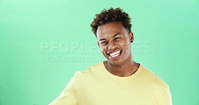 Buy stock photo Happy, portrait and black man with green background for fashion, style or clothing in studio. Male person, model or smile in joy with casual tshirt, curly hair or positive attitude on mockup space