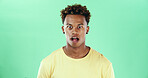 Black man, portrait or surprise in shock on green screen for rumor or gossip on a studio background. Male person, model or stunned with gasp or expression for news or secret alert on mockup space