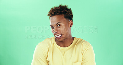 Buy stock photo Portrait, disgusted and man with reaction, studio and facial expression for disapproval and dislike. Green background, cringe and black person with shock for bad smell, mockup space and grimace
