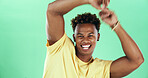 Happy, portrait and black man dancing on green screen for energy or vibe on a studio background. Male person, model or dancer with smile in casual fashion or curly hairstyle for event on mockup space