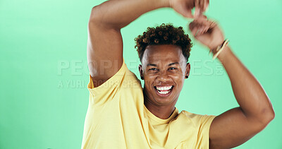 Buy stock photo Happy, portrait and black man dancing on green background for energy or vibe. Male person, model or dancer with smile in casual fashion or curly hairstyle for event on mockup space in studio