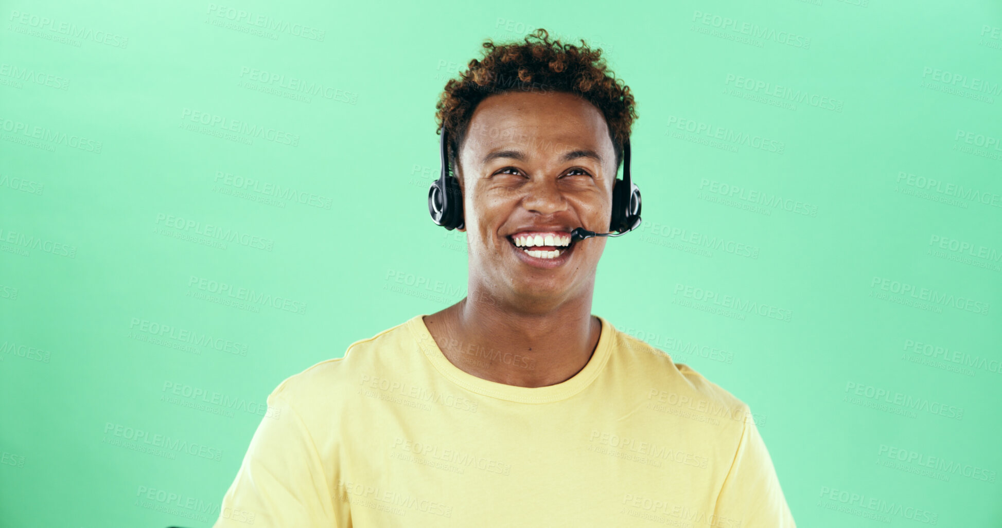 Buy stock photo Headset, happy and african man in studio for call center, telemarketing and telesales on green background. Lead generation, inquiry and person for sales, outbound marketing and service by space