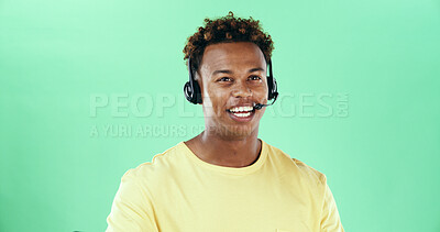 Buy stock photo Talking, headset and african man in studio for call center, telemarketing and green background. Lead generation, telesales and happy male agent for sales, inbound marketing and networking by space