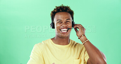 Buy stock photo Laugh, headset and african man in studio for call center, telemarketing and green background. Lead generation, telesales and happy insurance agent for sales, outbound marketing and inquiry by space