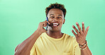 Happy black man, phone call and portrait in studio with laugh, funny chat or wow by green background. African person, smartphone and question for comic story, mock up space and gossip in Nigeria