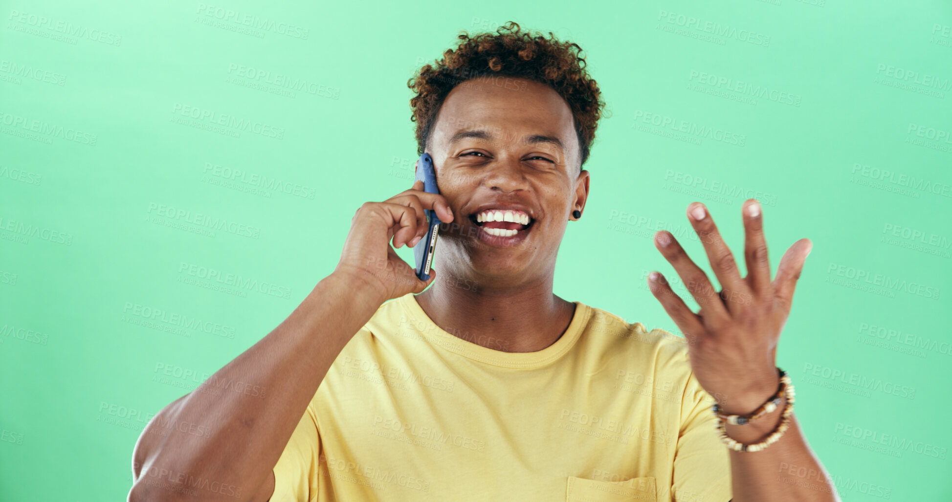 Buy stock photo Happy black man, phone call and portrait in studio with laugh, funny chat or wow by green background. African person, smartphone and question for comic story, mock up space and gossip in Nigeria