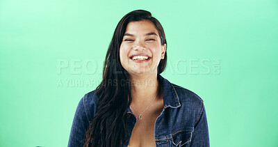 Buy stock photo Smile, woman and portrait of teacher in studio with confidence for education career with ambition. Happy, mockup space and educator from Thailand with pride for creche school job by green background.