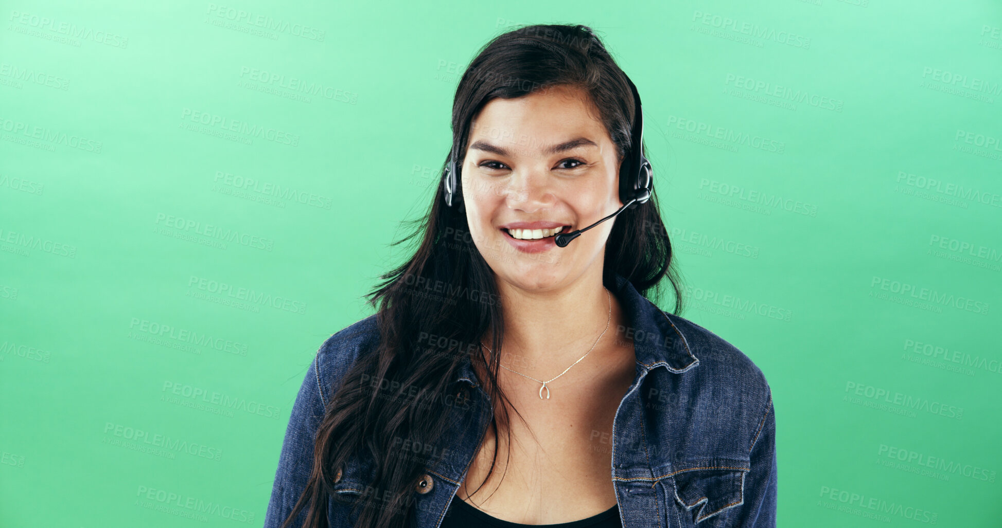 Buy stock photo Headset, woman and portrait of customer care agent in studio with confidence for call center. Happy, pride and technical support consultant from Thailand with mic for contact us by green background.