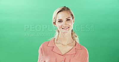Buy stock photo Happy, woman and portrait of teacher in studio with confidence for education career with ambition. Smile, mockup space and educator from London with pride for creche school job by green background.