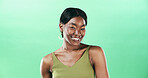 Beauty, green background and portrait of happy woman in studio with confidence, makeup and cosmetics. Fashion, aesthetic and African person with accessories for trendy clothes, outfit and stylish