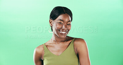 Buy stock photo Beauty, green background and portrait of happy woman in studio with confidence, style and cosmetics. Fashion, space and African person with accessories for trendy clothes, makeup and aesthetic