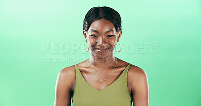 Buy stock photo Happy, green background and portrait of black woman in studio with confidence in designer style. Fashion, aesthetic and isolated person with accessories for trendy, outfit and creative clothes