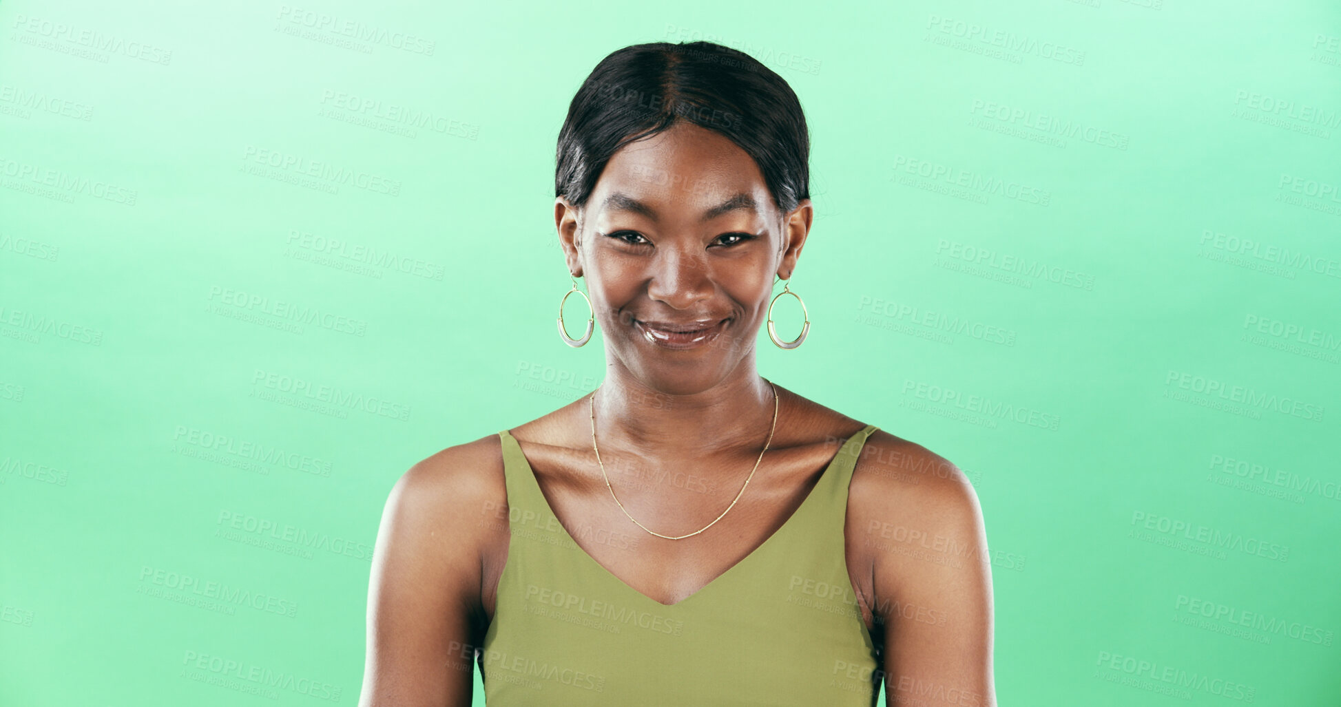 Buy stock photo Happy, green background and portrait of black woman in studio with confidence in designer style. Fashion, aesthetic and isolated person with accessories for trendy, outfit and creative clothes