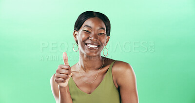 Buy stock photo Black woman, thumbs up and portrait with smile for support in studio, vote or review with gesture on green background. Hand, yes sign or signal with emoji, female person and feedback by space