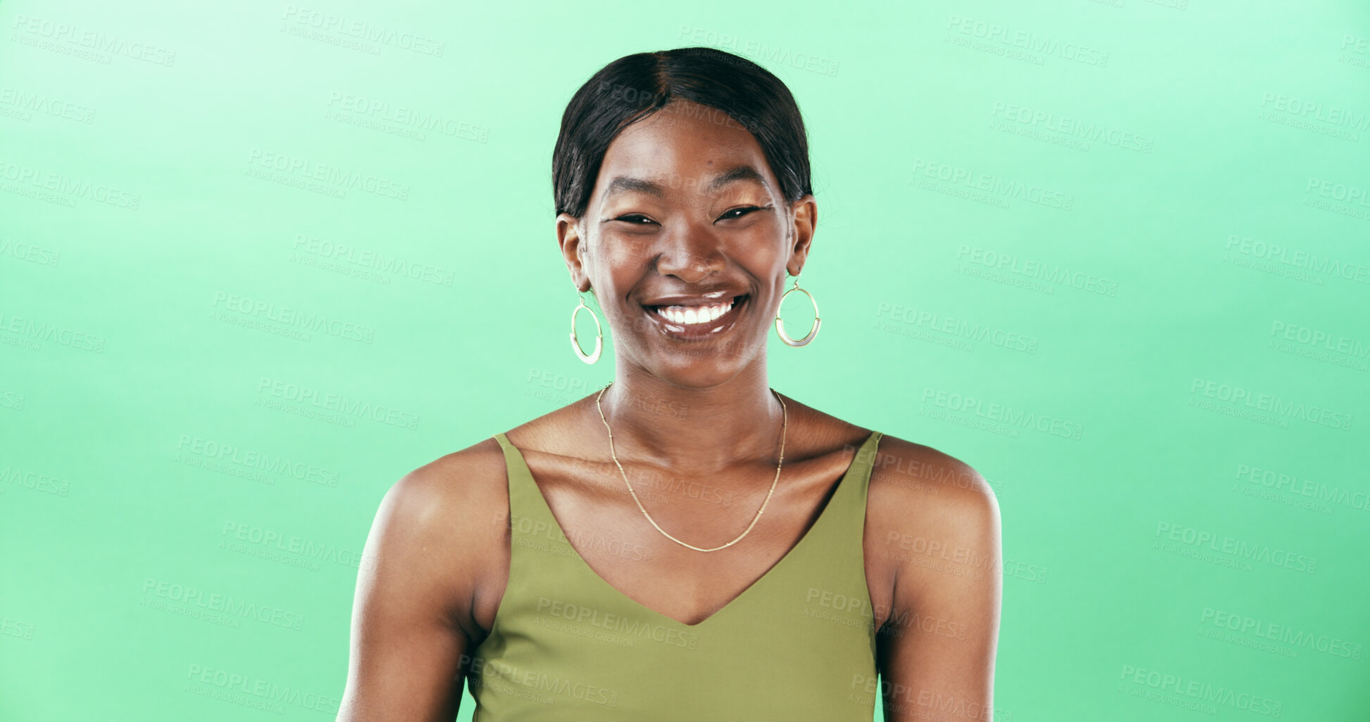 Buy stock photo Laugh, green background and portrait of black woman in studio with confidence, smile and stylish. Fashion, space and face of isolated person with accessories for trendy clothes, outfit and aesthetic