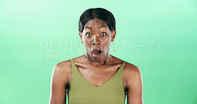 Buy stock photo Bad news, black woman and portrait with shock in studio for announcement, gossip and drama. Mockup space, african person and surprised by fear with reaction, overwhelmed or scared on green background