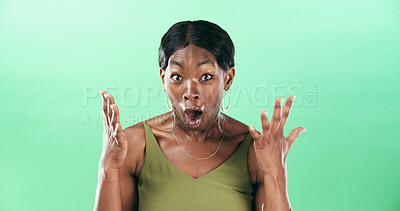 Buy stock photo Portrait, reaction and woman with shock, studio or facial expression for announcement of win or wow. Green background, surprised and black person with open mouth for news, mockup space and amazed