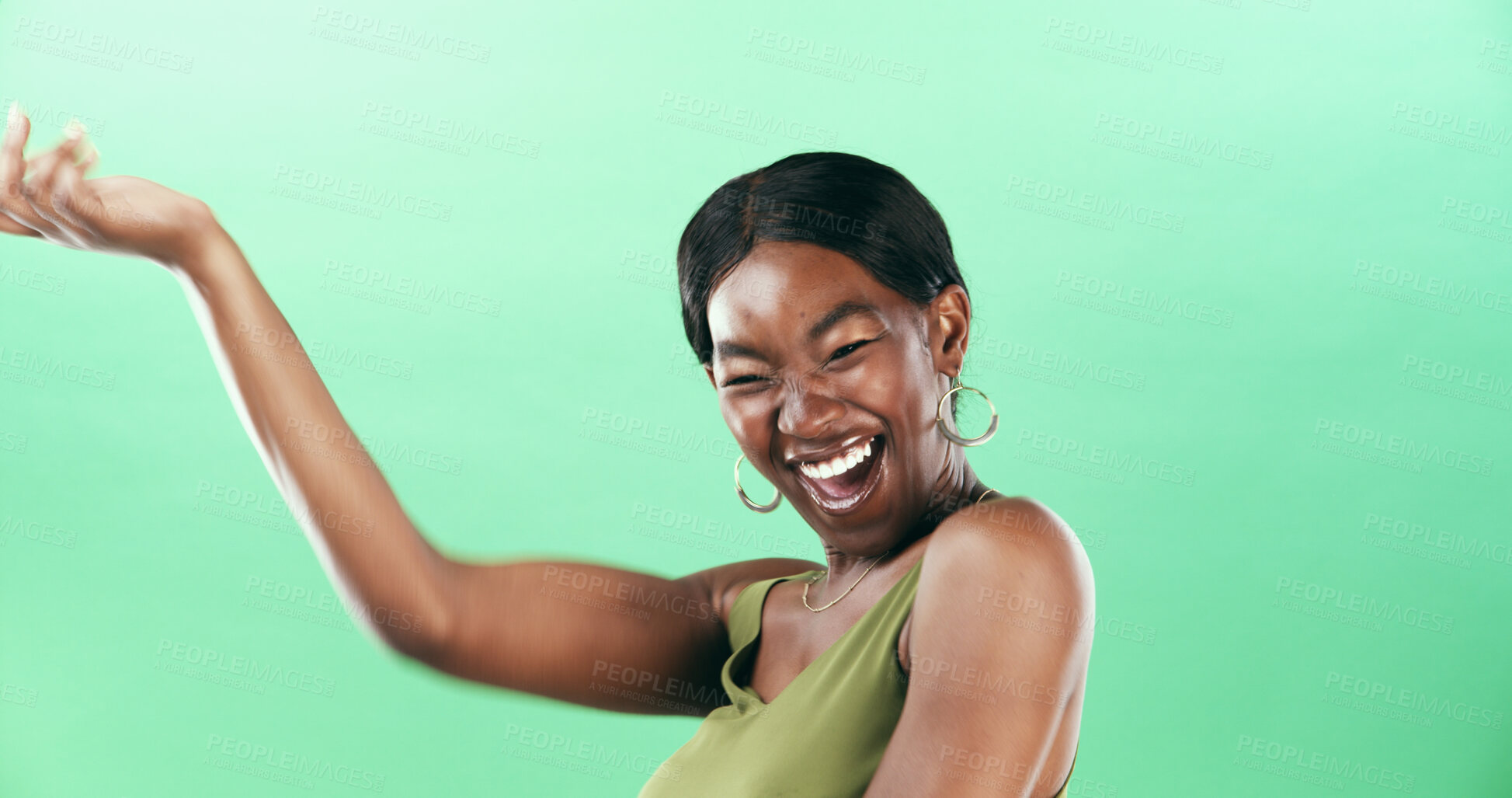 Buy stock photo Dancer, energy and excited with black woman in studio for movement, freedom and celebration. Performance, sound and dancing with person on green background space for entertainment, music and rhythm