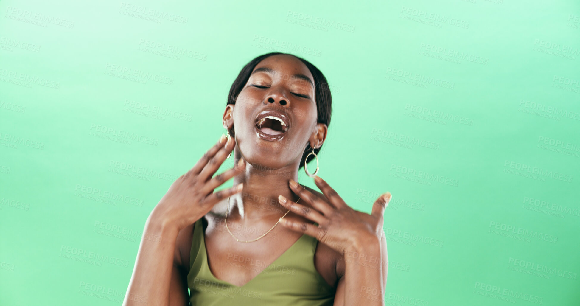 Buy stock photo Music, singing and voice of black woman on green background for performance or talent show. Artist, concert and event with African singer in studio for broadway audition, entertainment or karaoke