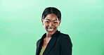 Portrait, business and black woman with smile in studio for career pride, about us and accountant. Mockup space, person and professional for corporate job, financial experience and green background