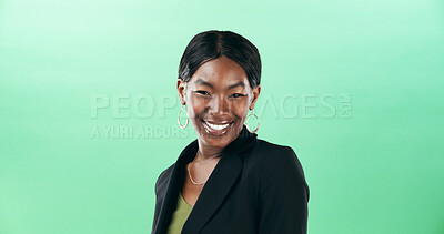 Buy stock photo Portrait, business and black woman with smile in studio for career pride, about us and accountant. Mockup space, person and professional for corporate job, financial experience and green background