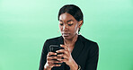 Black woman, smartphone and business communication in studio, corporate email or networking on green background. Website, connection and professional with mobile app for company contact or space