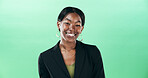 Happy, business and black woman with portrait in studio for career pride, about us and accountant. Mockup space, person and professional for corporate job, financial experience and green background