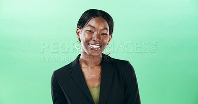 Buy stock photo Happy, business and black woman with portrait in studio for career pride, about us and accountant. Mockup space, person and professional for corporate job, financial experience and green background