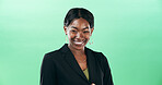 Portrait, business and black woman with pride in studio for corporate career, about us and accountant. Mockup space, person and professional with ambition, financial experience and green background