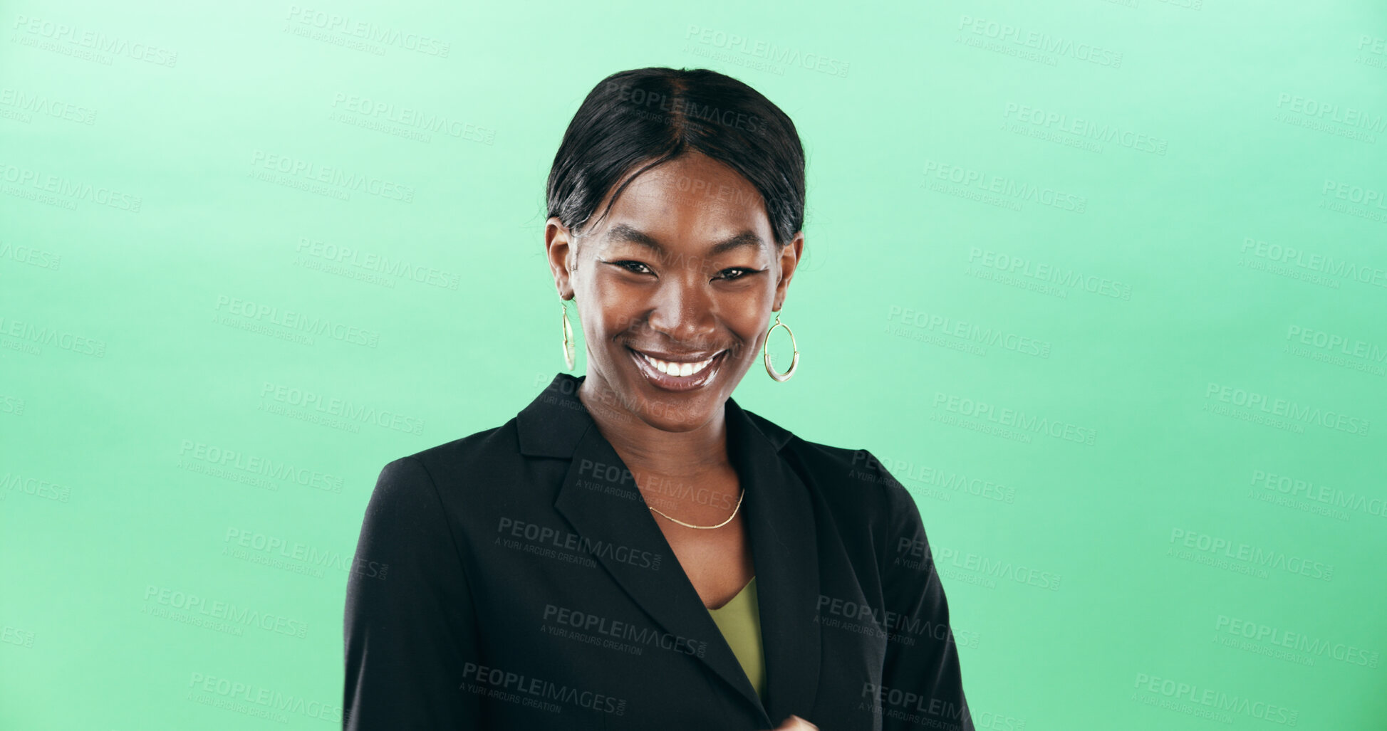 Buy stock photo Portrait, business and black woman with pride in studio for corporate career, about us and accountant. Mockup space, person and professional with ambition, financial experience and green background