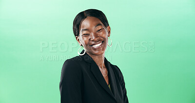 Buy stock photo Portrait, business and black woman with laugh in studio for career pride, about us and accountant. Mockup space, person and professional for corporate job, financial experience and green background